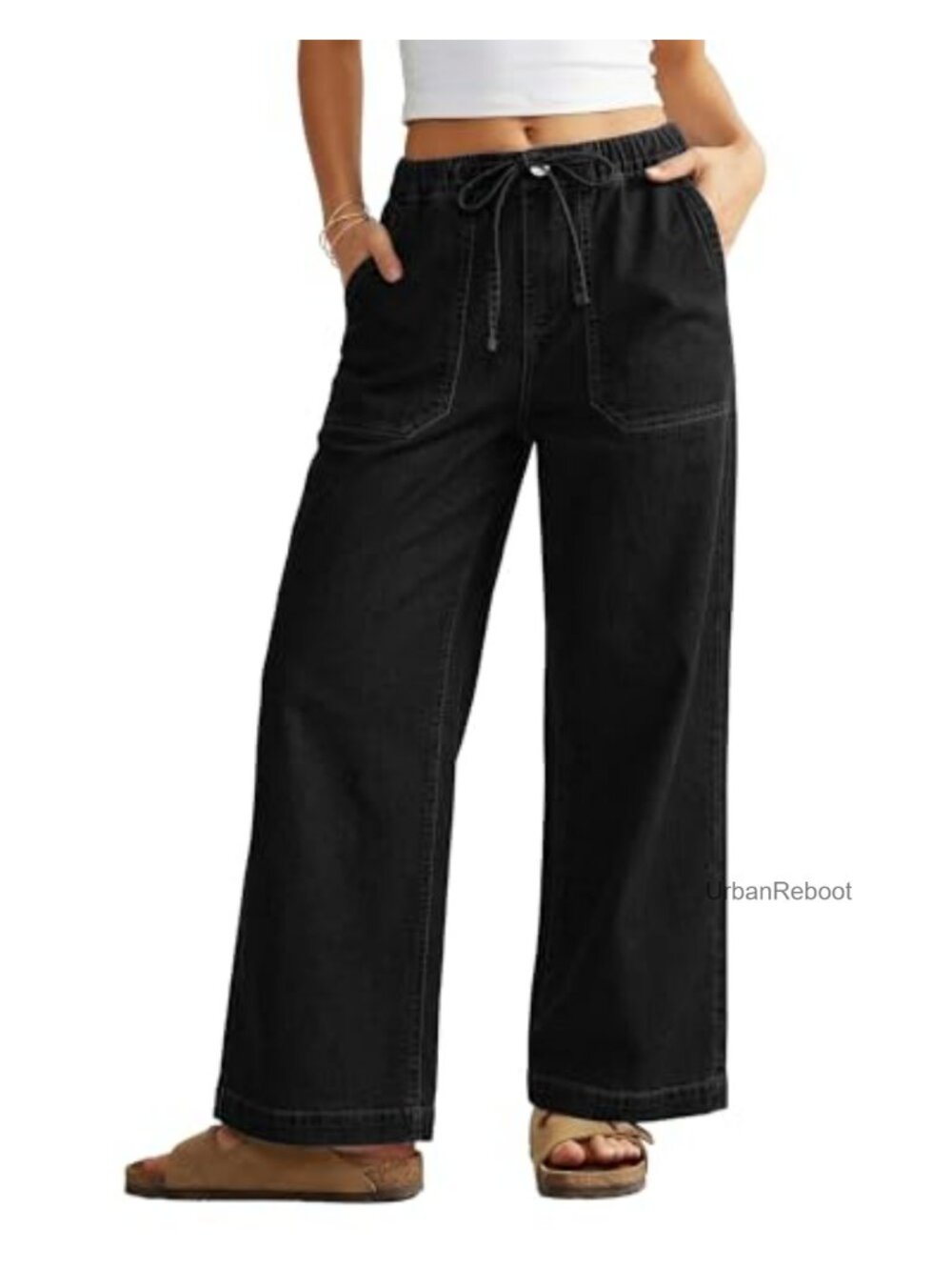 Wide Leg Jeans for Women High Waisted Drawstring Elastic Waist Stretchy Denim